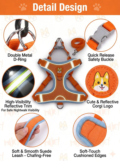 2 Pack Adjustable Pet Harness & Leash Set, Soft Suede Vest, Durable & Reflective, No-Tangle Leash for Easy Walking, Ideal for Daily Walks & Night Outdoor Use