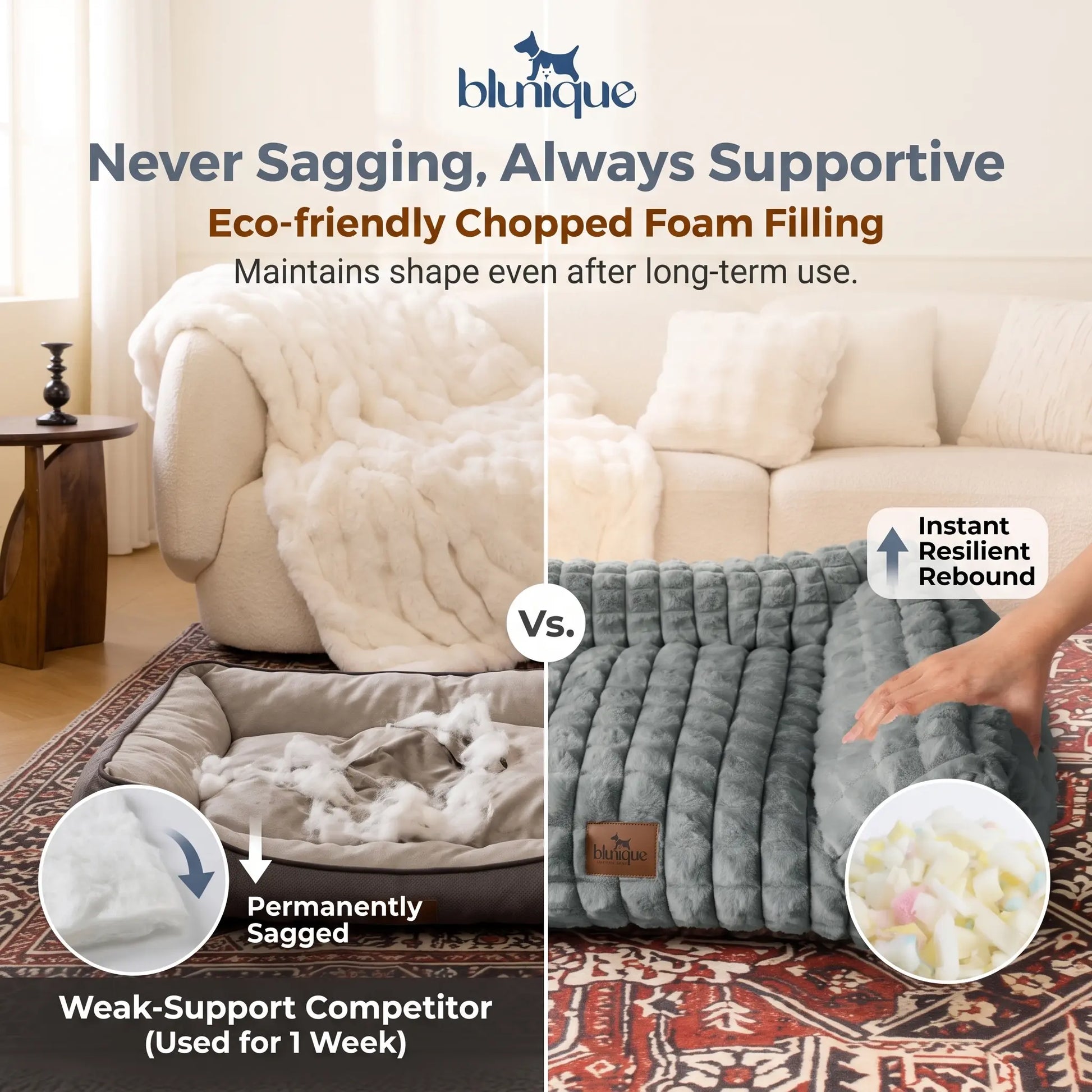 Blunique 3D Diamond Pet Couch Bed, Furniture-Style Faux Rabbit Fur Mini Sofa with Sturdy 3-Sided Bolsters, Non-Slip Base and Removable Washable Cover