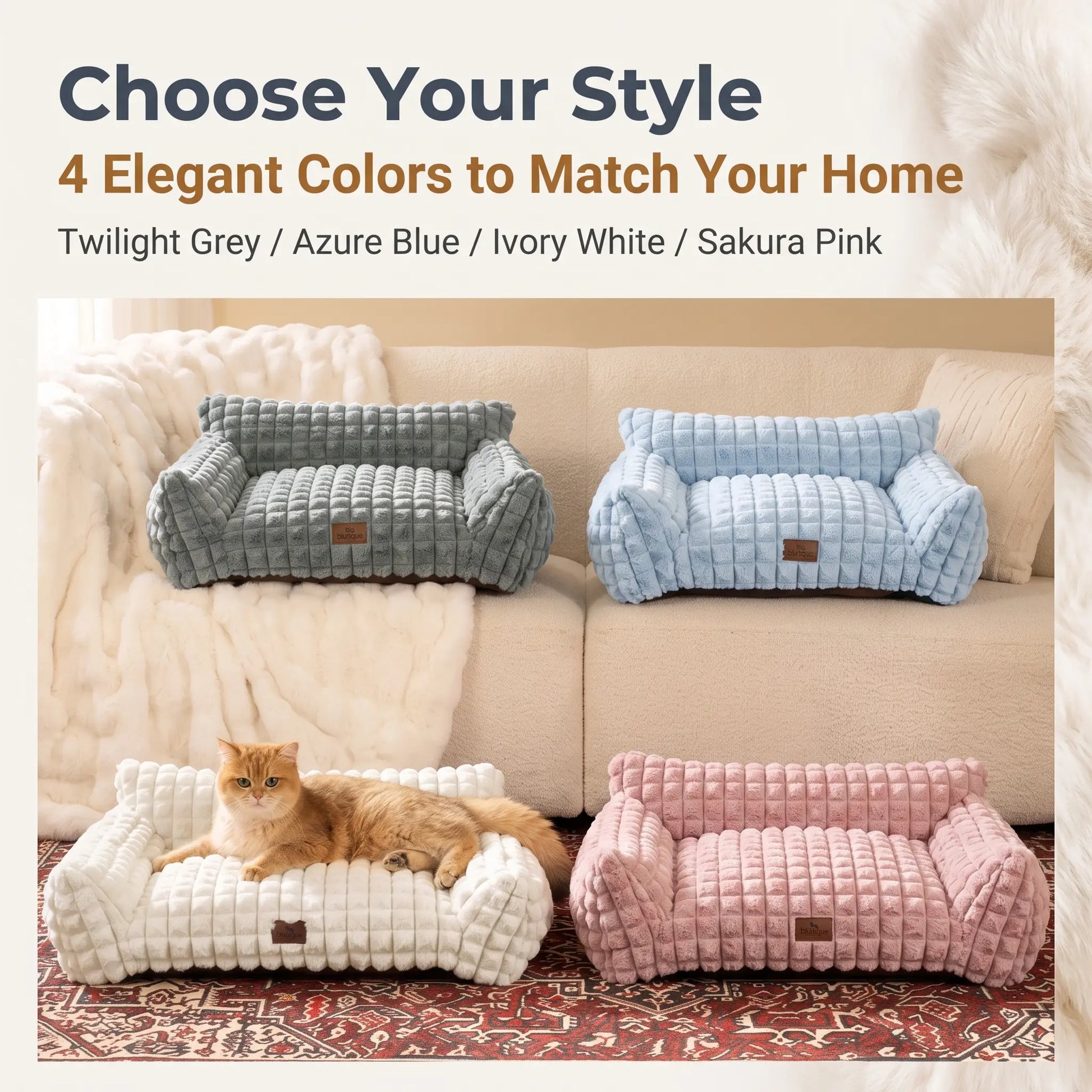 Blunique 3D Diamond Pet Couch Bed, Furniture-Style Faux Rabbit Fur Mini Sofa with Sturdy 3-Sided Bolsters, Non-Slip Base and Removable Washable Cover