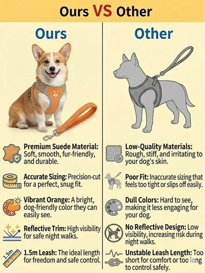 2 Pack Adjustable Pet Harness & Leash Set, Soft Suede Vest, Durable & Reflective, No-Tangle Leash for Easy Walking, Ideal for Daily Walks & Night Outdoor Use