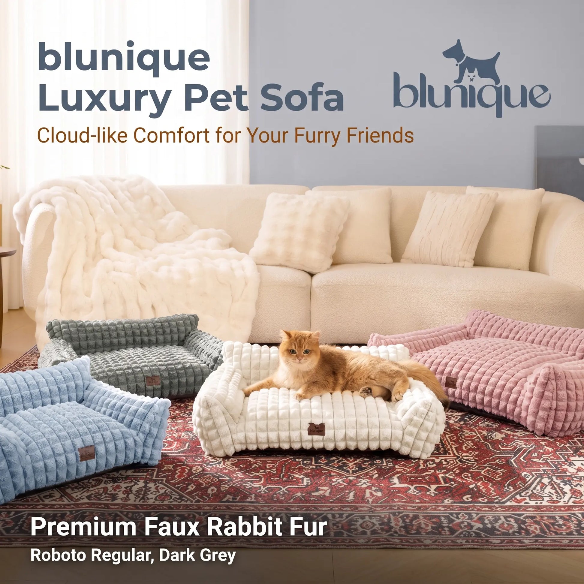 Blunique 3D Diamond Pet Couch Bed, Furniture-Style Faux Rabbit Fur Mini Sofa with Sturdy 3-Sided Bolsters, Non-Slip Base and Removable Washable Cover