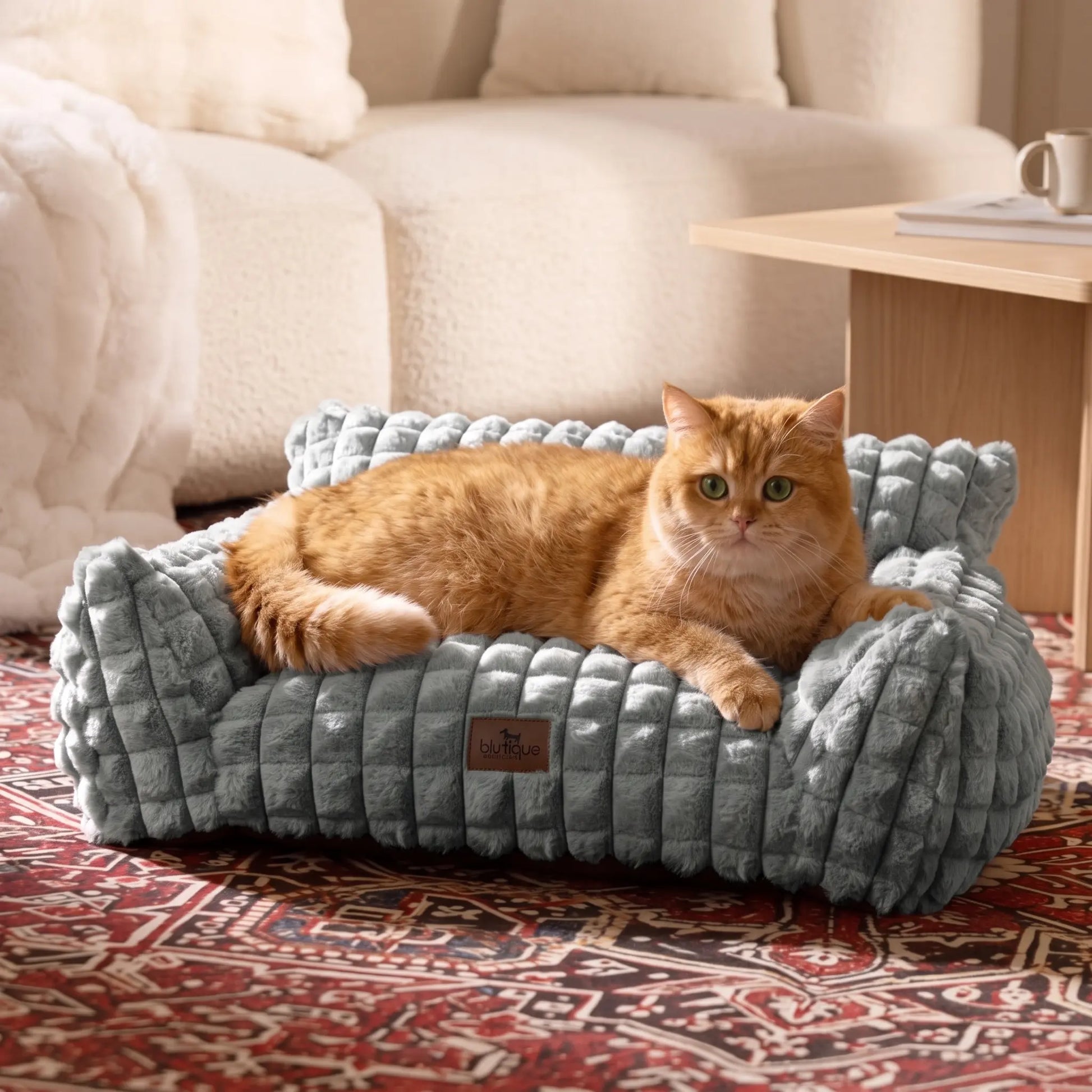 Blunique 3D Diamond Pet Couch Bed, Furniture-Style Faux Rabbit Fur Mini Sofa with Sturdy 3-Sided Bolsters, Non-Slip Base and Removable Washable Cover