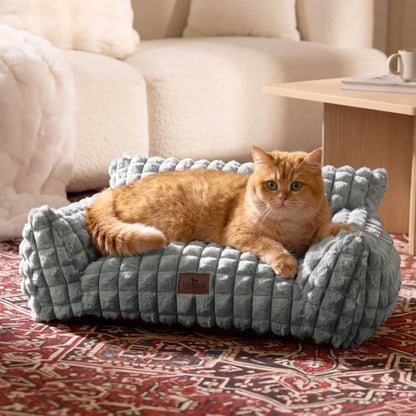Blunique 3D Diamond Pet Couch Bed, Furniture-Style Faux Rabbit Fur Mini Sofa with Sturdy 3-Sided Bolsters, Non-Slip Base and Removable Washable Cover