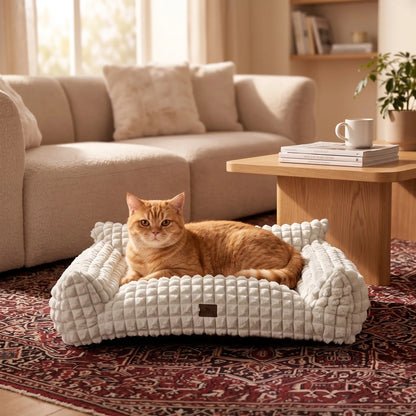 Blunique 3D Diamond Pet Couch Bed, Furniture-Style Faux Rabbit Fur Mini Sofa with Sturdy 3-Sided Bolsters, Non-Slip Base and Removable Washable Cover