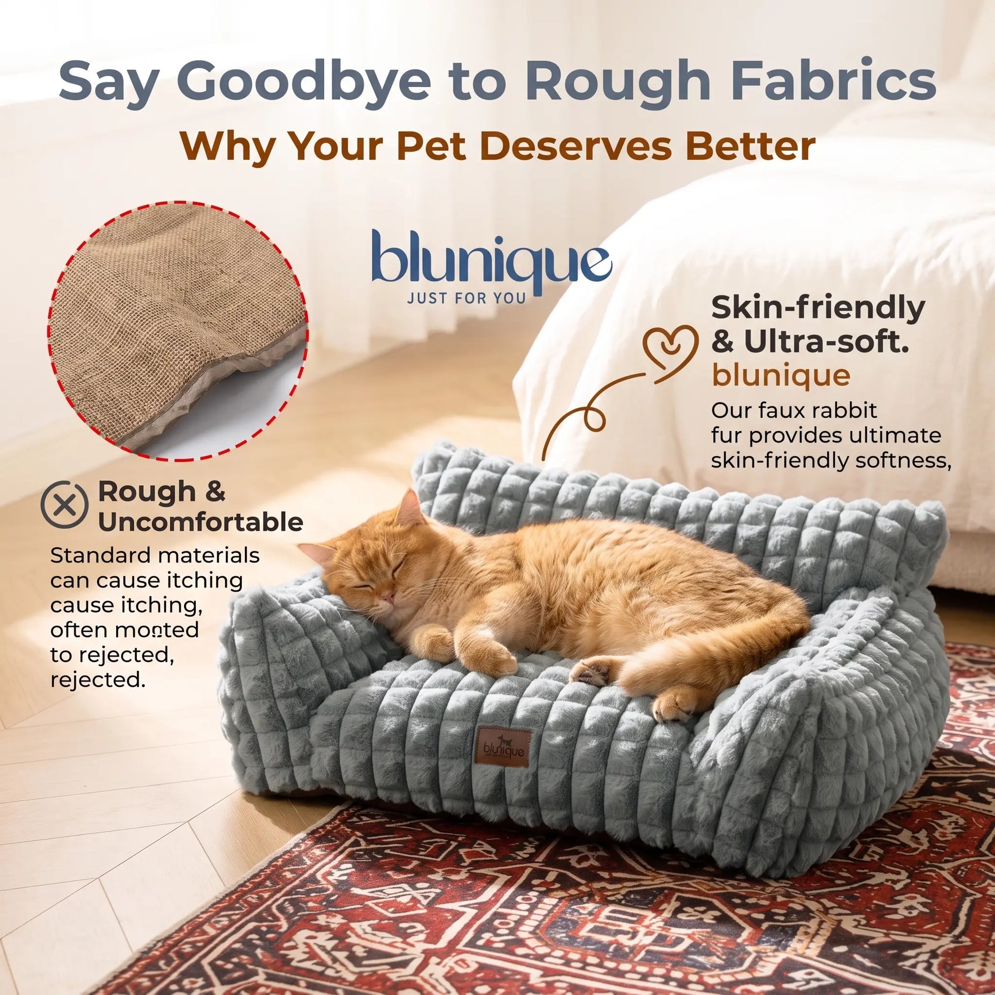 Blunique 3D Diamond Pet Couch Bed, Furniture-Style Faux Rabbit Fur Mini Sofa with Sturdy 3-Sided Bolsters, Non-Slip Base and Removable Washable Cover