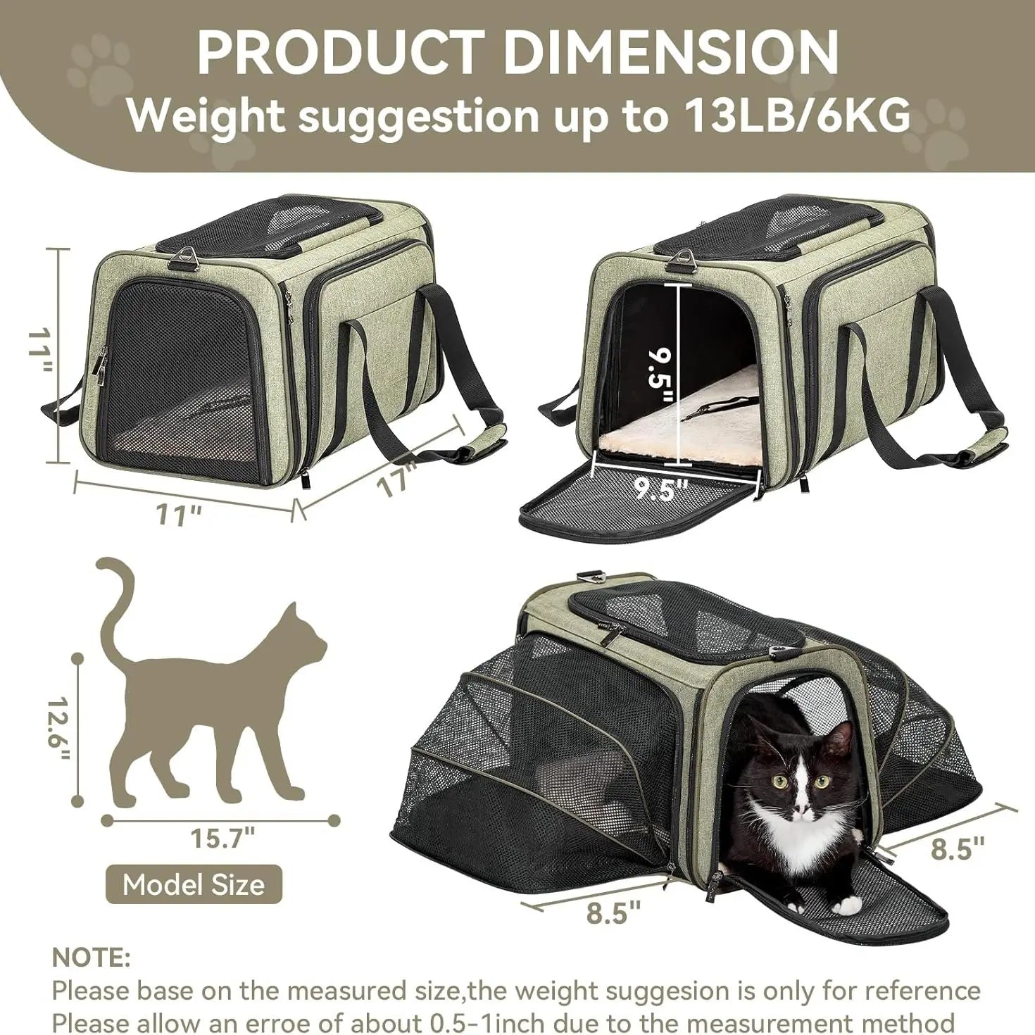 Petsfit Expandable Small Cat Carriers Dog Carrier, Airline Approved Soft-Sided Portable Washable Pet Travel Carrier with Two Extension up to 9LB