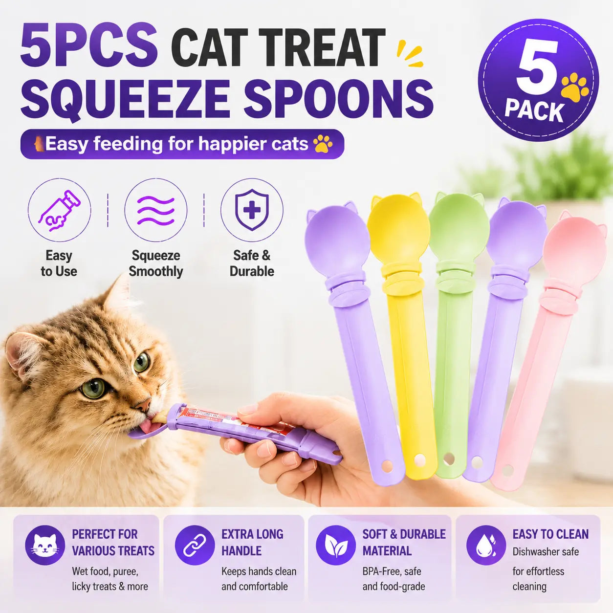 5-Pack Handheld Treat Squeeze Spoons - Mess-Free Wet Food Dispenser, Indoor Puree Tube Feeding Tool, Extra Long Handle for Easy Storage, All Seasons Home Supply Cat Accessory