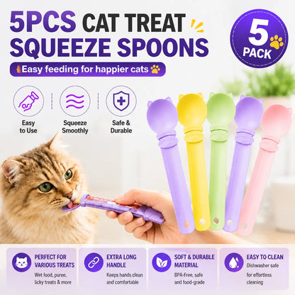5-Pack Handheld Treat Squeeze Spoons - Mess-Free Wet Food Dispenser, Indoor Puree Tube Feeding Tool, Extra Long Handle for Easy Storage, All Seasons Home Supply Cat Accessory