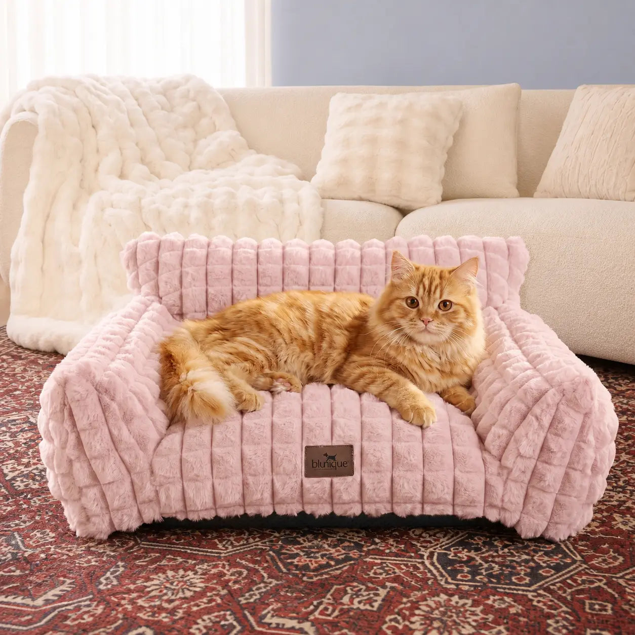 Blunique 3D Diamond Pet Couch Bed, Furniture-Style Faux Rabbit Fur Mini Sofa with Sturdy 3-Sided Bolsters, Non-Slip Base and Removable Washable Cover