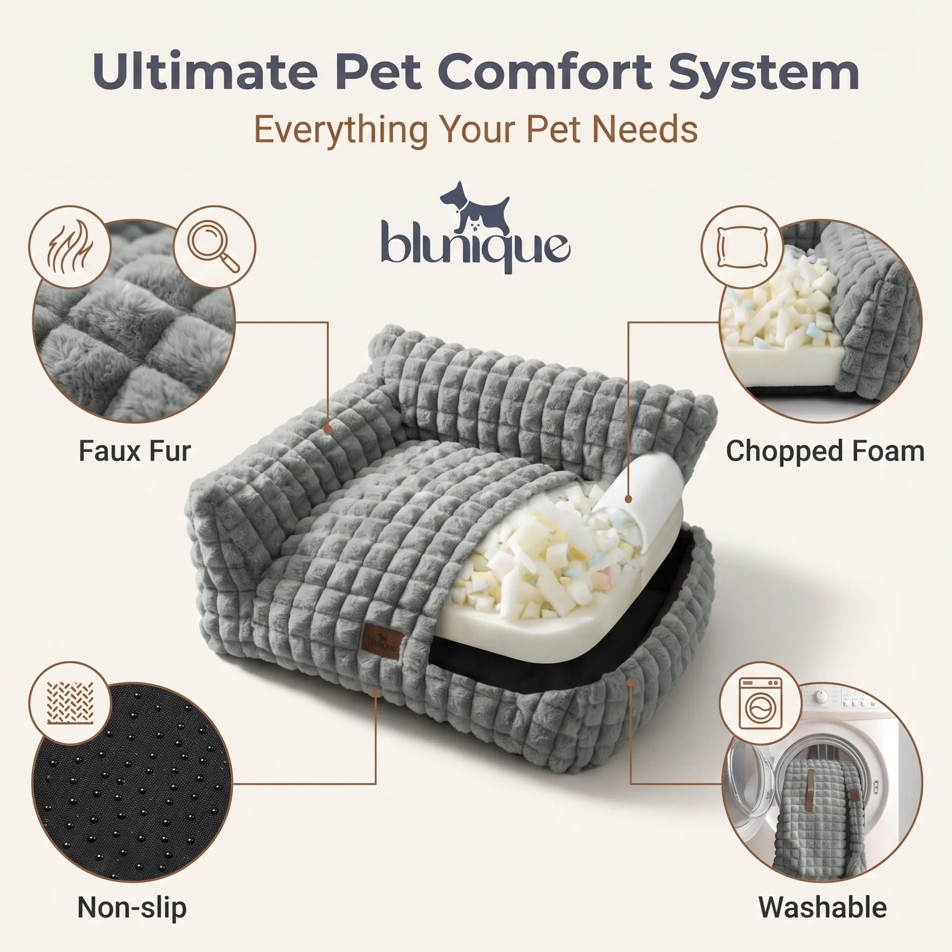Blunique 3D Diamond Pet Couch Bed, Furniture-Style Faux Rabbit Fur Mini Sofa with Sturdy 3-Sided Bolsters, Non-Slip Base and Removable Washable Cover