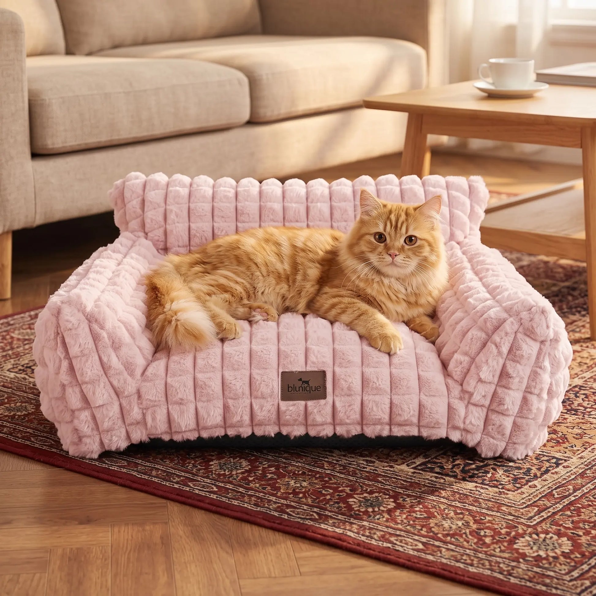 Blunique 3D Diamond Pet Couch Bed, Furniture-Style Faux Rabbit Fur Mini Sofa with Sturdy 3-Sided Bolsters, Non-Slip Base and Removable Washable Cover